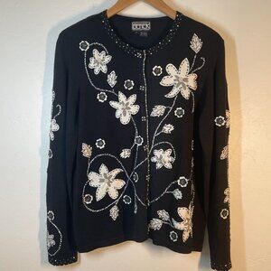 VTG Berek Sweater Cardigan Floral Bling Applique Pearls Black White 50's Medium